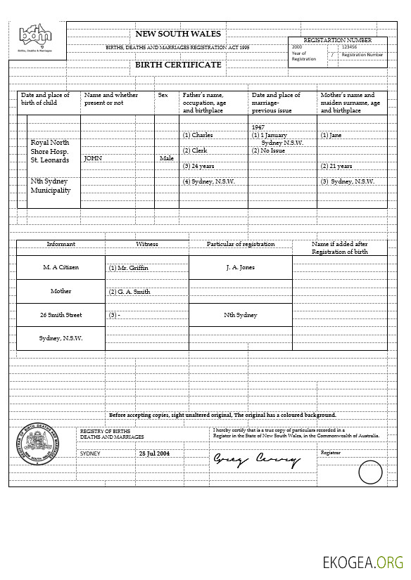Modèle d'acte de naissance Australie Nouvelle Galles du Sud au format Word, version 1